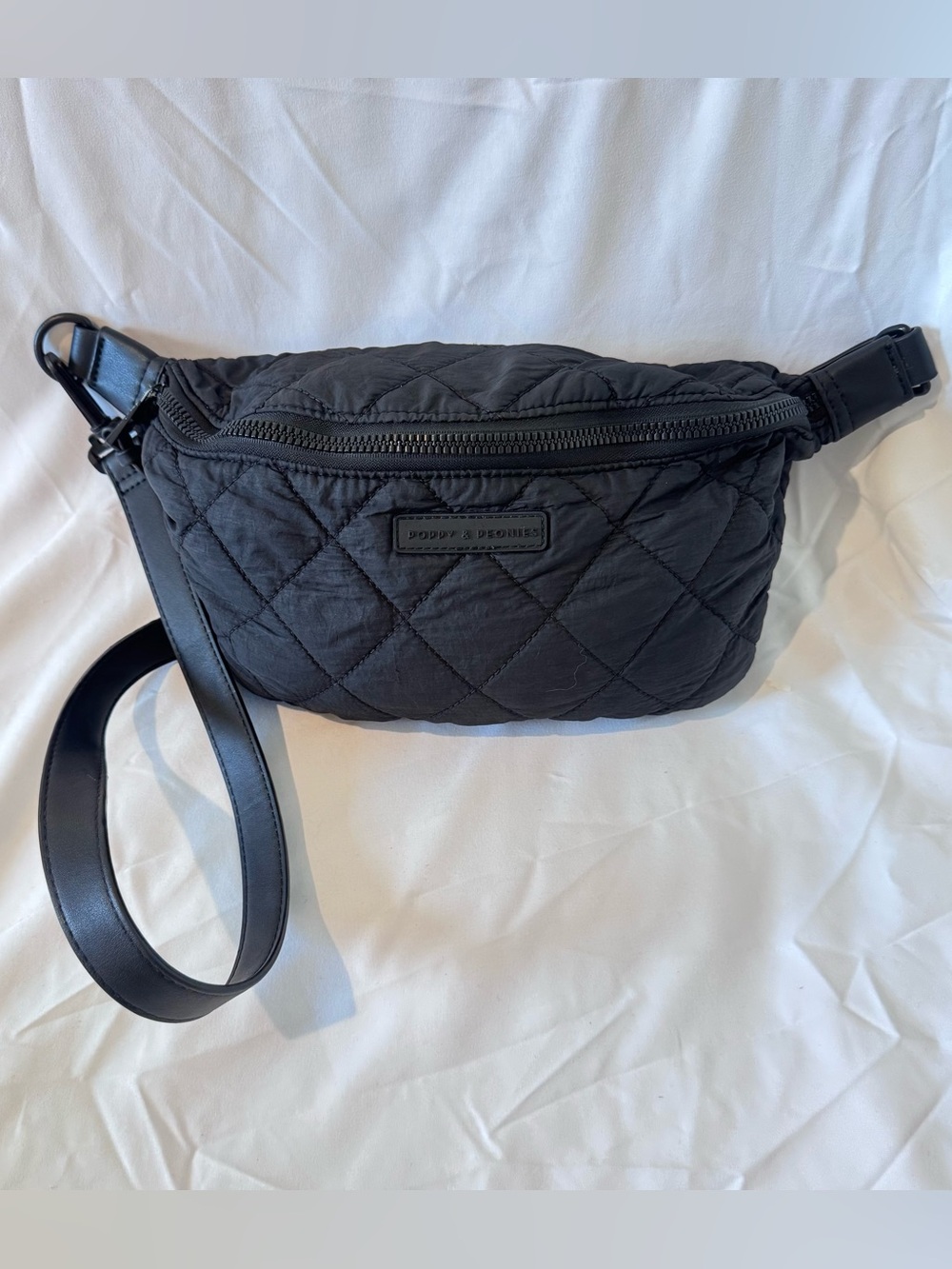Poppy & Peonies Black Sidekick Adjustable Nylon Quilted Crossbody Bag 14x7x4”